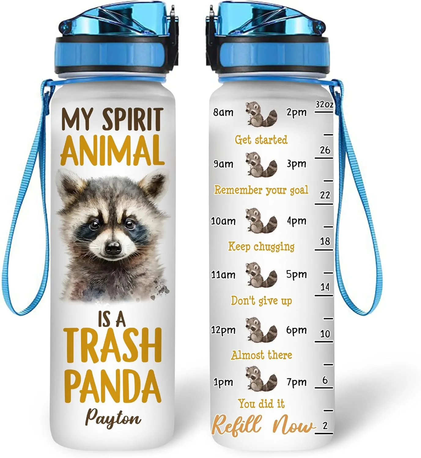 Hyturtle Personalized Raccoon Lovers Water Bottle - 32 Oz 1Liter Motivational Bottle With Time Marker, My Spirit Animal Is A Trash Panda Custom Name, Gift For Animal Lovers, Women, Girls on Birthday