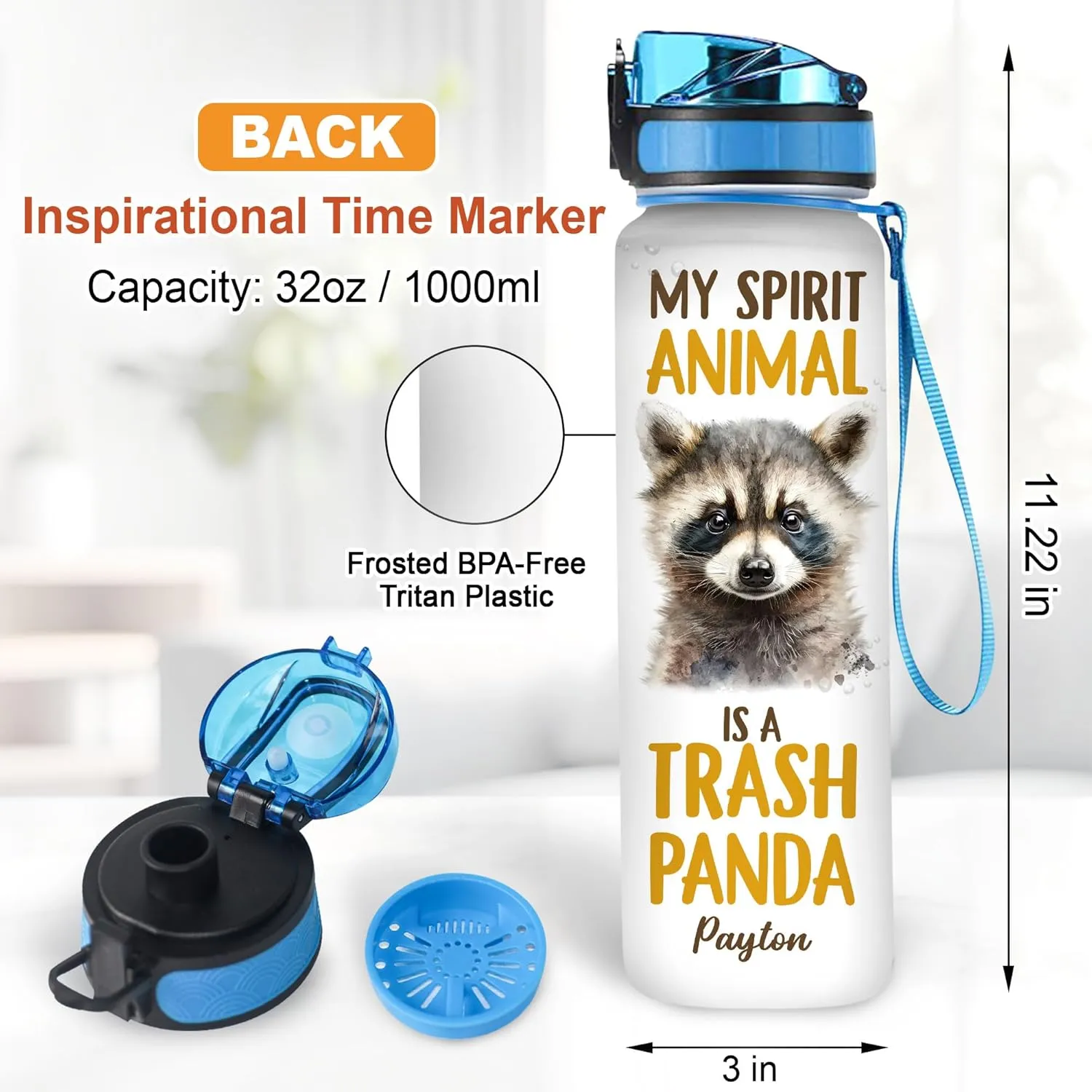 Hyturtle Personalized Raccoon Lovers Water Bottle - 32 Oz 1Liter Motivational Bottle With Time Marker, My Spirit Animal Is A Trash Panda Custom Name, Gift For Animal Lovers, Women, Girls on Birthday