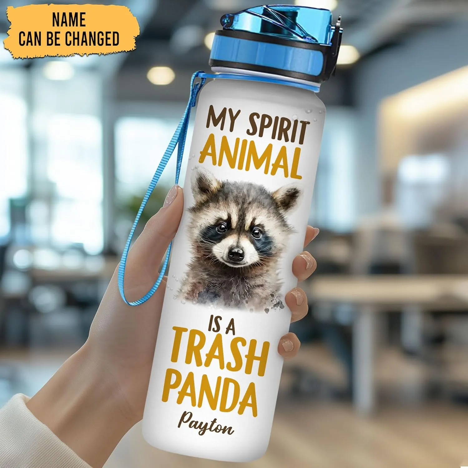 Hyturtle Personalized Raccoon Lovers Water Bottle - 32 Oz 1Liter Motivational Bottle With Time Marker, My Spirit Animal Is A Trash Panda Custom Name, Gift For Animal Lovers, Women, Girls on Birthday
