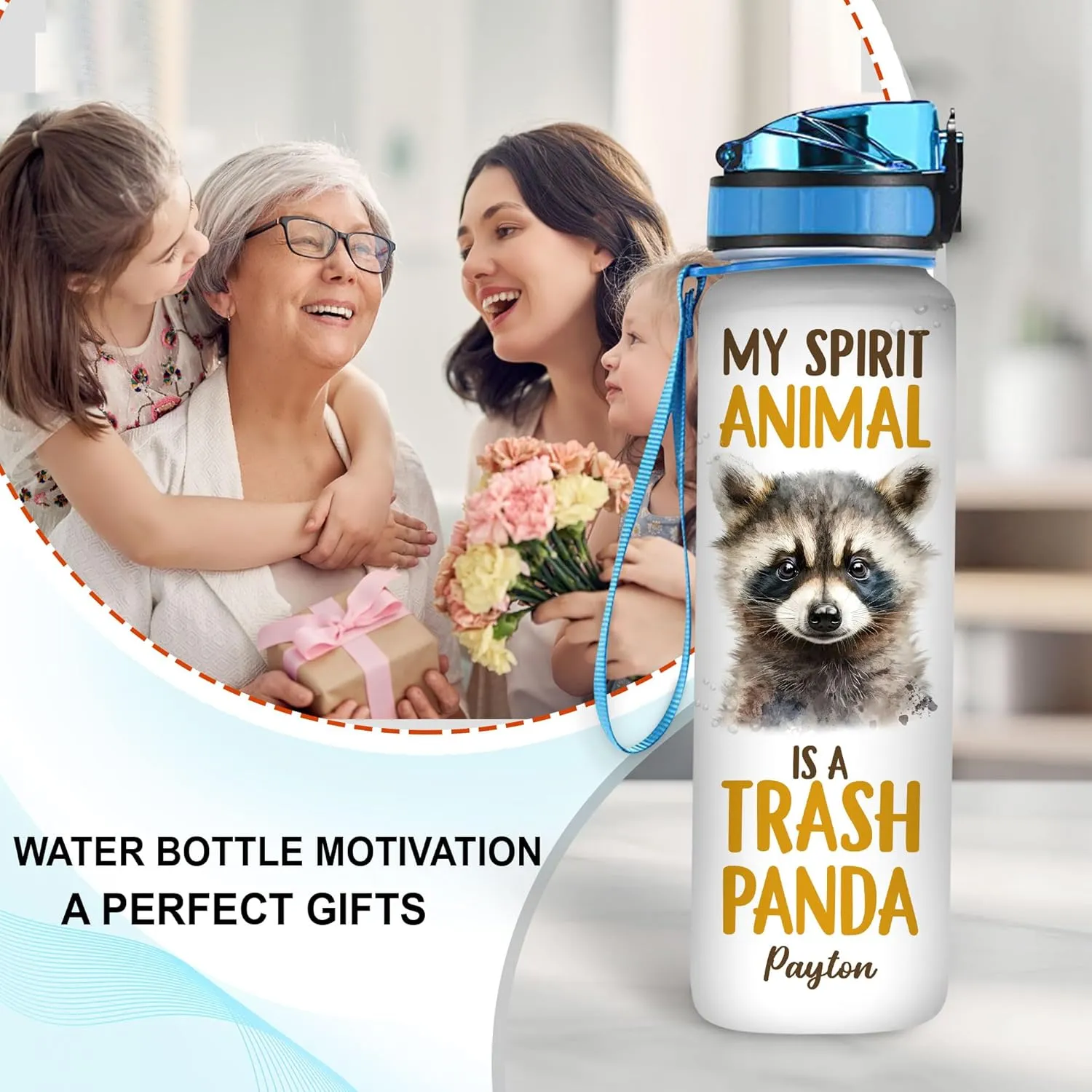 Hyturtle Personalized Raccoon Lovers Water Bottle - 32 Oz 1Liter Motivational Bottle With Time Marker, My Spirit Animal Is A Trash Panda Custom Name, Gift For Animal Lovers, Women, Girls on Birthday