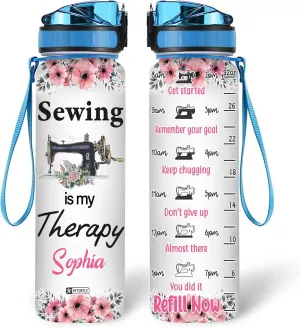 Hyturtle Personalized Sewing Is My Therapy Flower 32Oz Liter Motivational Water Bottle, Customized Name With Time Marker, Gifts For Women Girls Sewer Sewing Lover On Birthday Mother's Day Anniversary