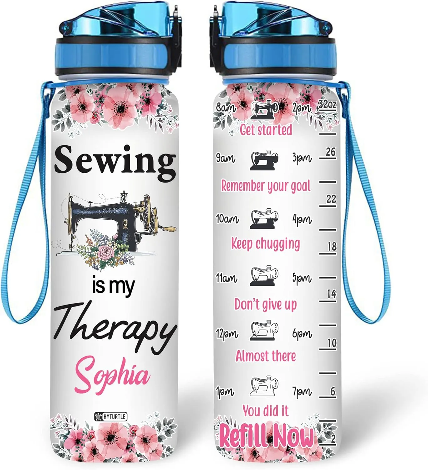 Hyturtle Personalized Sewing Is My Therapy Flower 32Oz Liter Motivational Water Bottle, Customized Name With Time Marker, Gifts For Women Girls Sewer Sewing Lover On Birthday Mother's Day Anniversary