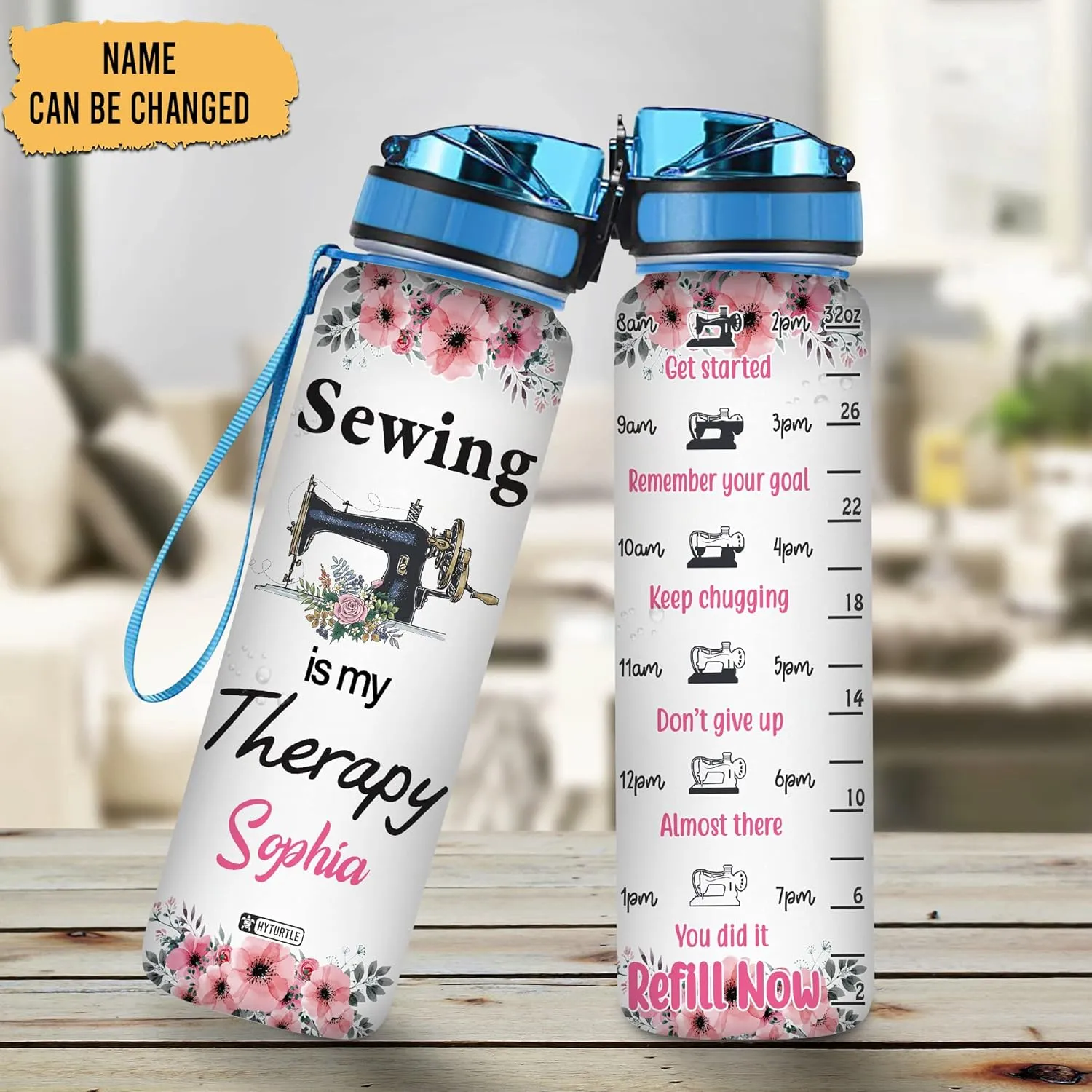 Hyturtle Personalized Sewing Is My Therapy Flower 32Oz Liter Motivational Water Bottle, Customized Name With Time Marker, Gifts For Women Girls Sewer Sewing Lover On Birthday Mother's Day Anniversary