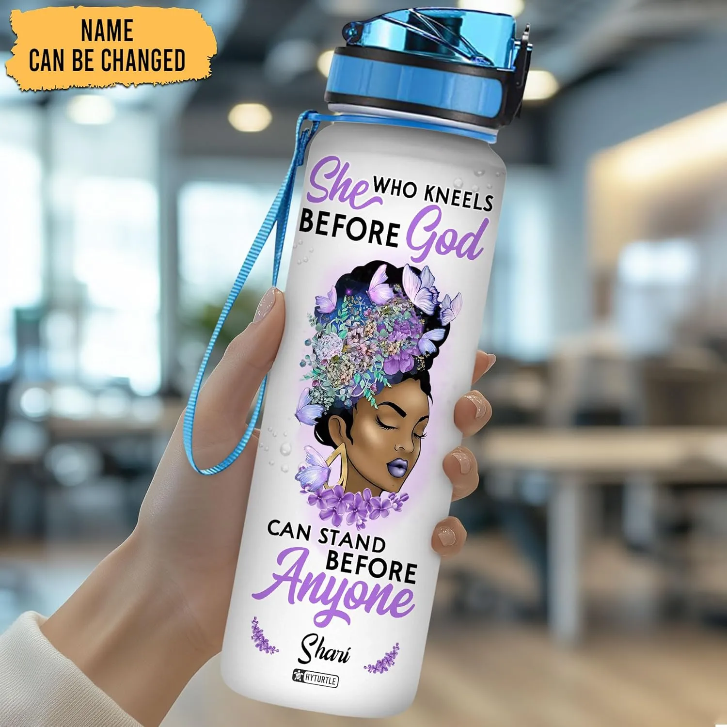 Hyturtle Personalized She Who Kneels Before God Black Women Butterfly 32Oz Liter Motivational Water Bottle, Customized Name Water Bottle With Time Marker, Gifts For Black Women, Girls On Birthday