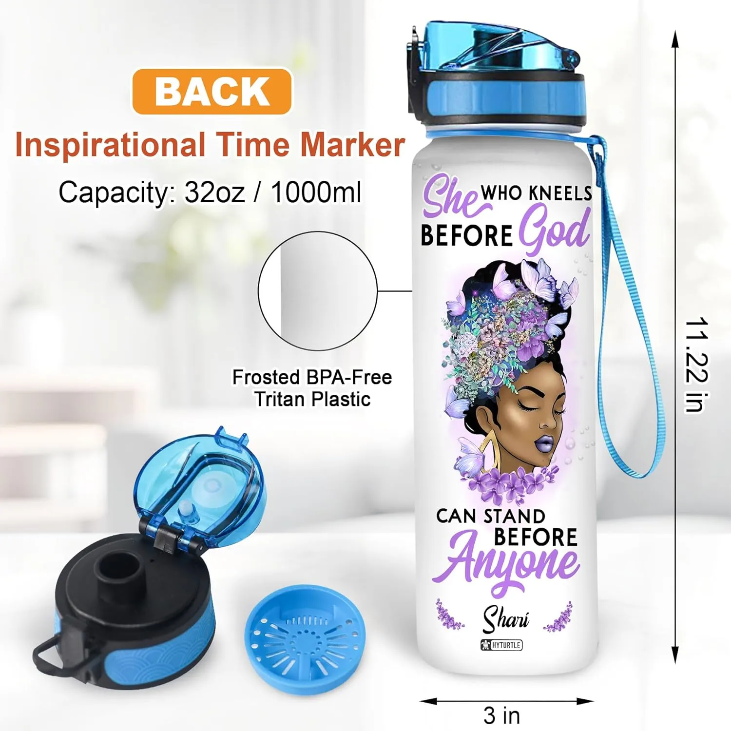 Hyturtle Personalized She Who Kneels Before God Black Women Butterfly 32Oz Liter Motivational Water Bottle, Customized Name Water Bottle With Time Marker, Gifts For Black Women, Girls On Birthday