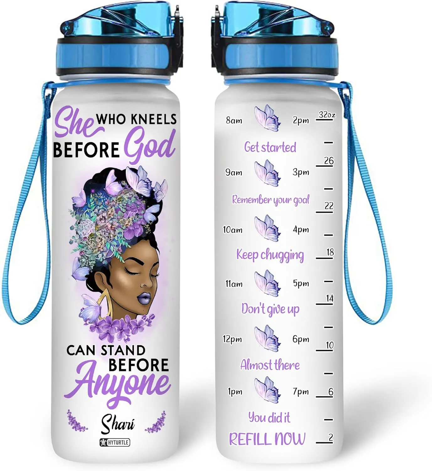 Hyturtle Personalized She Who Kneels Before God Black Women Butterfly 32Oz Liter Motivational Water Bottle, Customized Name Water Bottle With Time Marker, Gifts For Black Women, Girls On Birthday