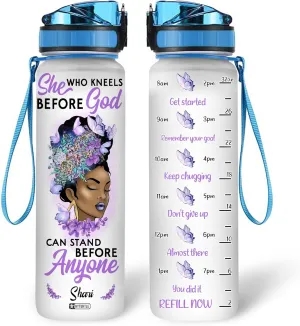 Hyturtle Personalized She Who Kneels Before God Black Women Butterfly 32Oz Liter Motivational Water Bottle, Customized Name Water Bottle With Time Marker, Gifts For Black Women, Girls On Birthday