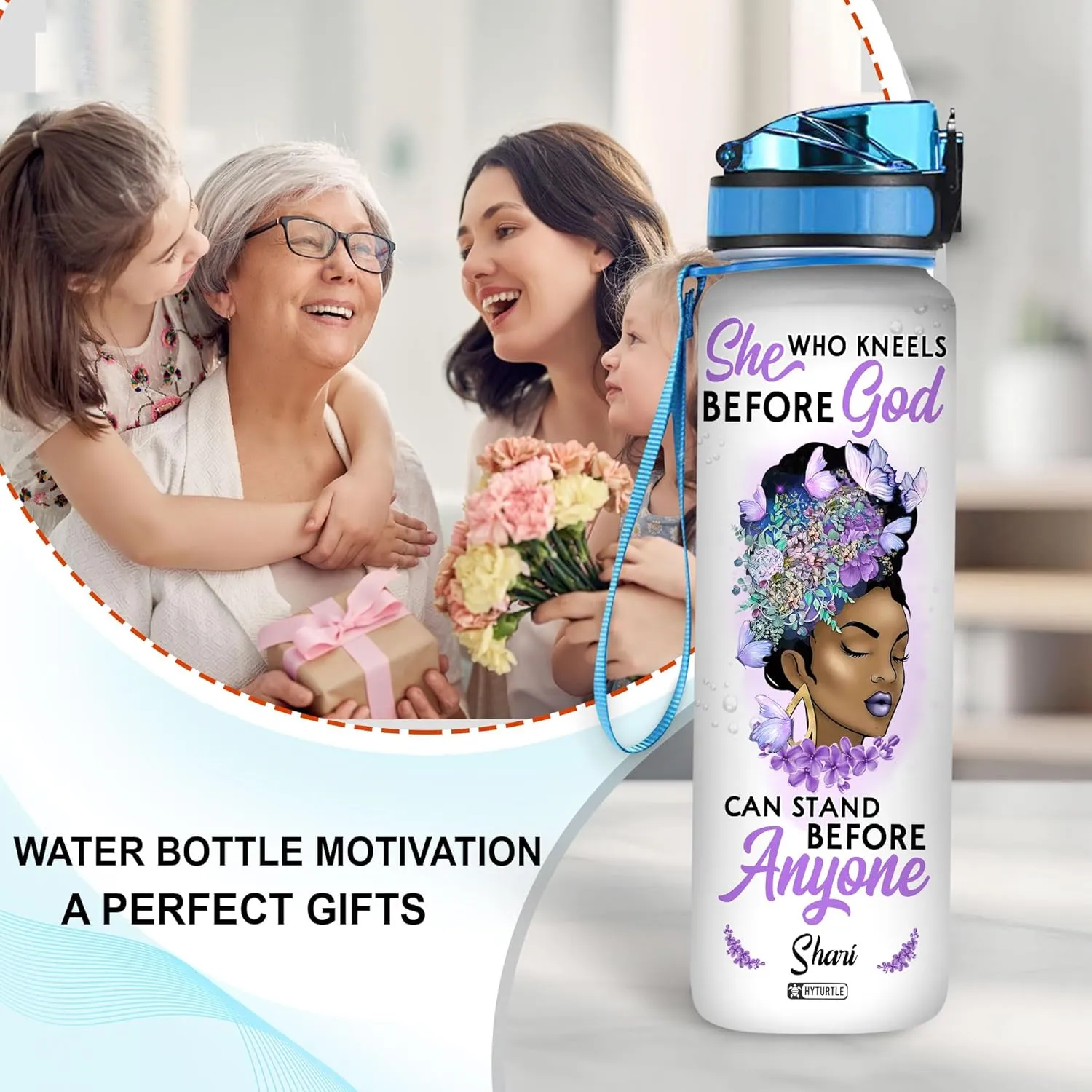 Hyturtle Personalized She Who Kneels Before God Black Women Butterfly 32Oz Liter Motivational Water Bottle, Customized Name Water Bottle With Time Marker, Gifts For Black Women, Girls On Birthday