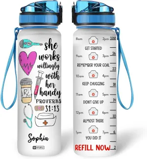 Hyturtle Personalized She Works Willingly With Her Handy Proverbs Nurse 32oz Liter Motivational Water Bottle, Customized Name Funny Nurse With Time Marker, Gifts For Nurses Women Coworker On Birthday