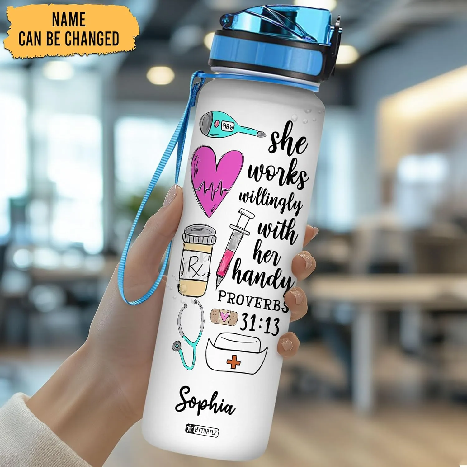 Hyturtle Personalized She Works Willingly With Her Handy Proverbs Nurse 32oz Liter Motivational Water Bottle, Customized Name Funny Nurse With Time Marker, Gifts For Nurses Women Coworker On Birthday