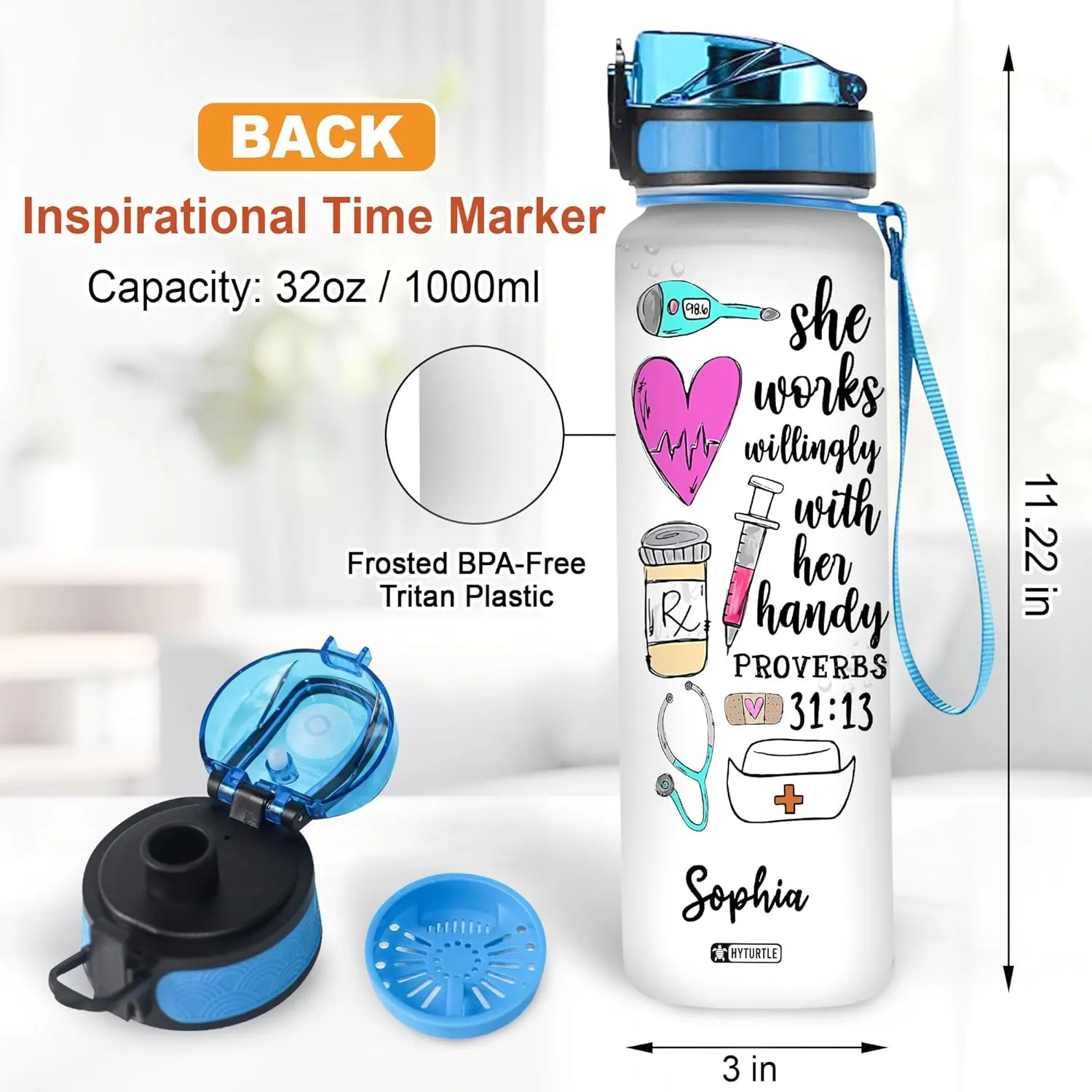 Hyturtle Personalized She Works Willingly With Her Handy Proverbs Nurse 32oz Liter Motivational Water Bottle, Customized Name Funny Nurse With Time Marker, Gifts For Nurses Women Coworker On Birthday