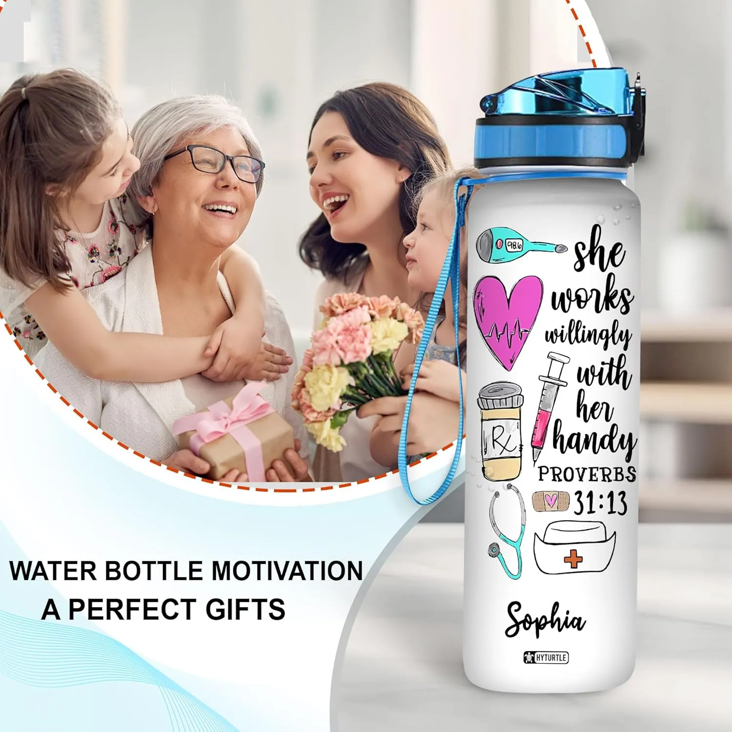 Hyturtle Personalized She Works Willingly With Her Handy Proverbs Nurse 32oz Liter Motivational Water Bottle, Customized Name Funny Nurse With Time Marker, Gifts For Nurses Women Coworker On Birthday
