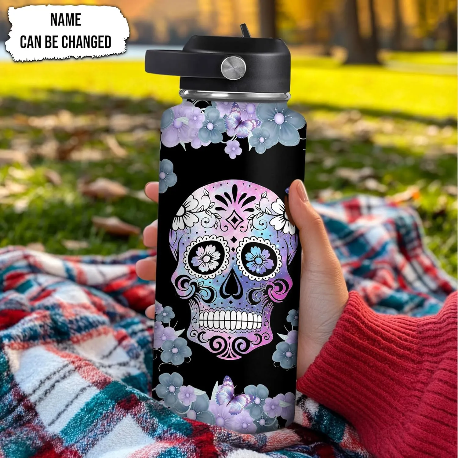 Hyturtle Personalized Skull Water Bottle - Travel Insulated Stainless Steel Bottle with Leak-Proof Lid 18oz 32oz - Custom Name Skull Gift for Women Girls Skull Lovers- Birthday, Christmas Gift