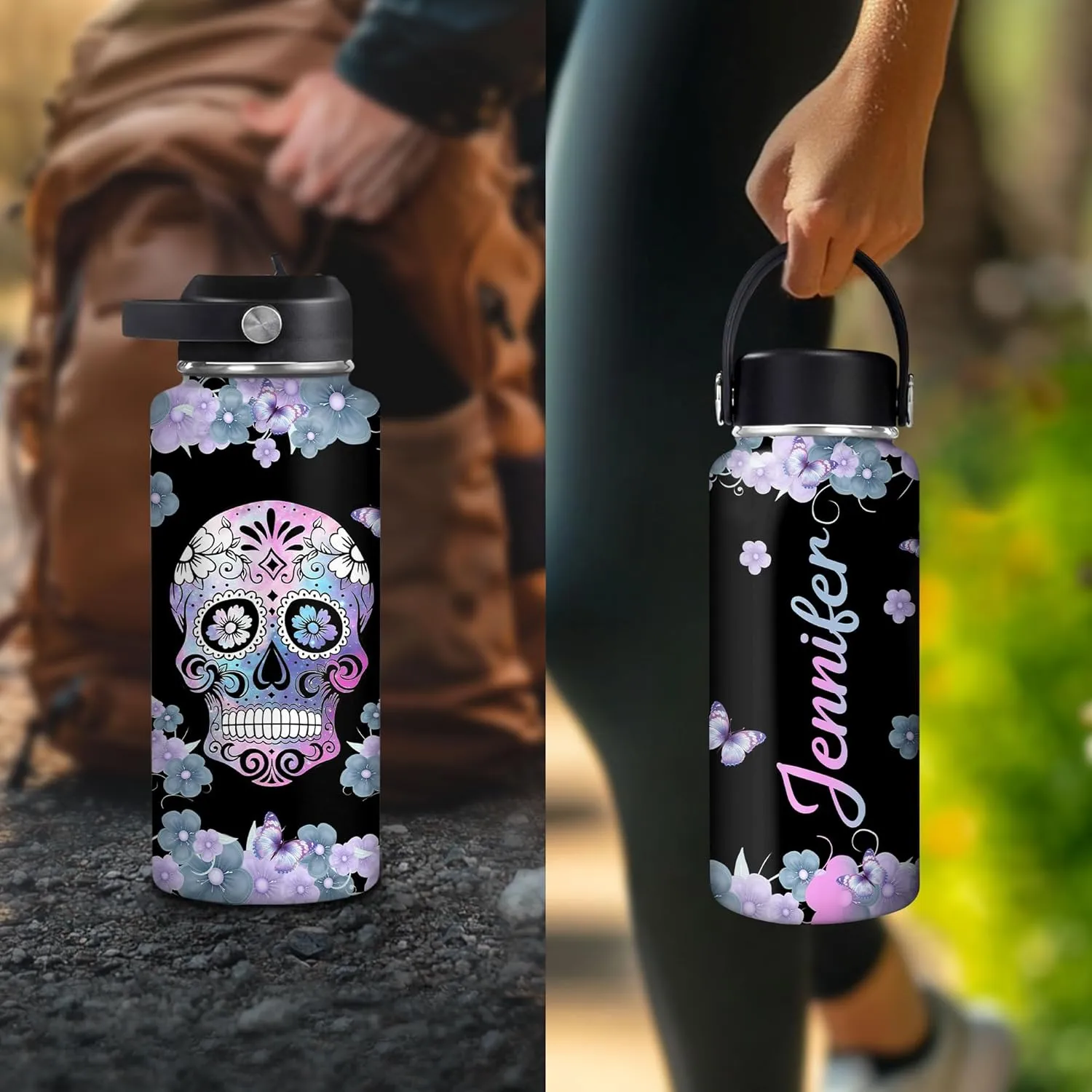 Hyturtle Personalized Skull Water Bottle - Travel Insulated Stainless Steel Bottle with Leak-Proof Lid 18oz 32oz - Custom Name Skull Gift for Women Girls Skull Lovers- Birthday, Christmas Gift