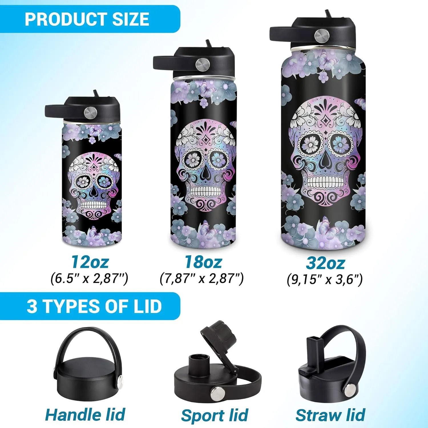 Hyturtle Personalized Skull Water Bottle - Travel Insulated Stainless Steel Bottle with Leak-Proof Lid 18oz 32oz - Custom Name Skull Gift for Women Girls Skull Lovers- Birthday, Christmas Gift