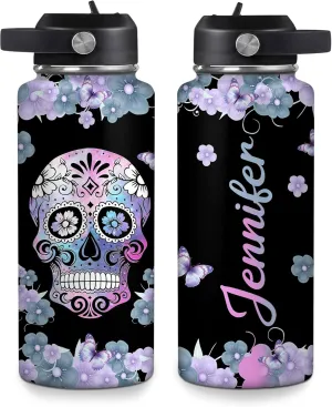 Hyturtle Personalized Skull Water Bottle - Travel Insulated Stainless Steel Bottle with Leak-Proof Lid 18oz 32oz - Custom Name Skull Gift for Women Girls Skull Lovers- Birthday, Christmas Gift