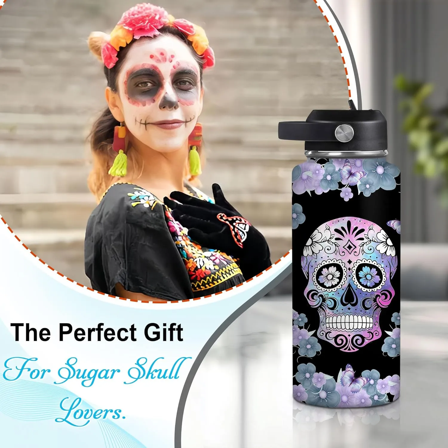 Hyturtle Personalized Skull Water Bottle - Travel Insulated Stainless Steel Bottle with Leak-Proof Lid 18oz 32oz - Custom Name Skull Gift for Women Girls Skull Lovers- Birthday, Christmas Gift