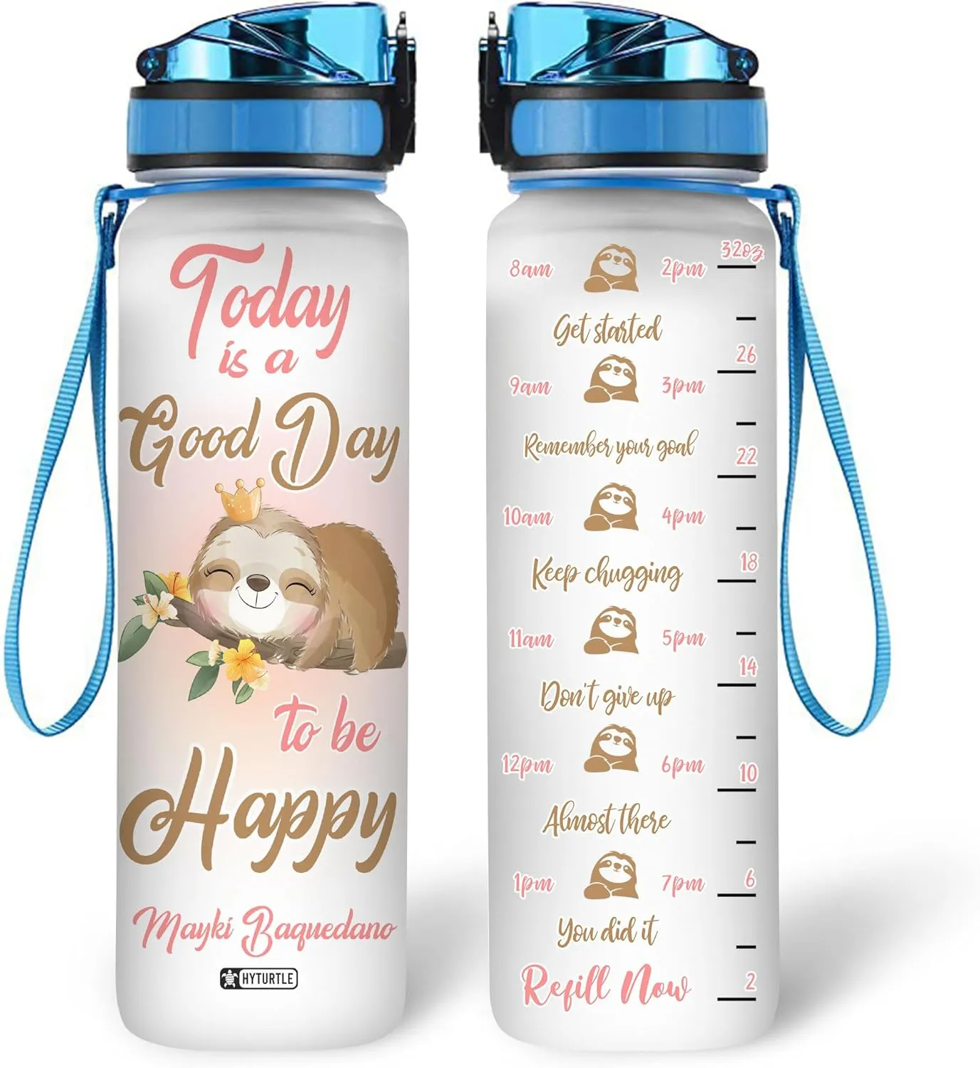 Hyturtle Personalized Today Is A Good Day Sloth 32oz Liter Motivational Water Bottle, Customized Name Tracking Water Bottle Gifts For Women, Friend, Girl, Sloth Lover On Birthday, Mother's Day
