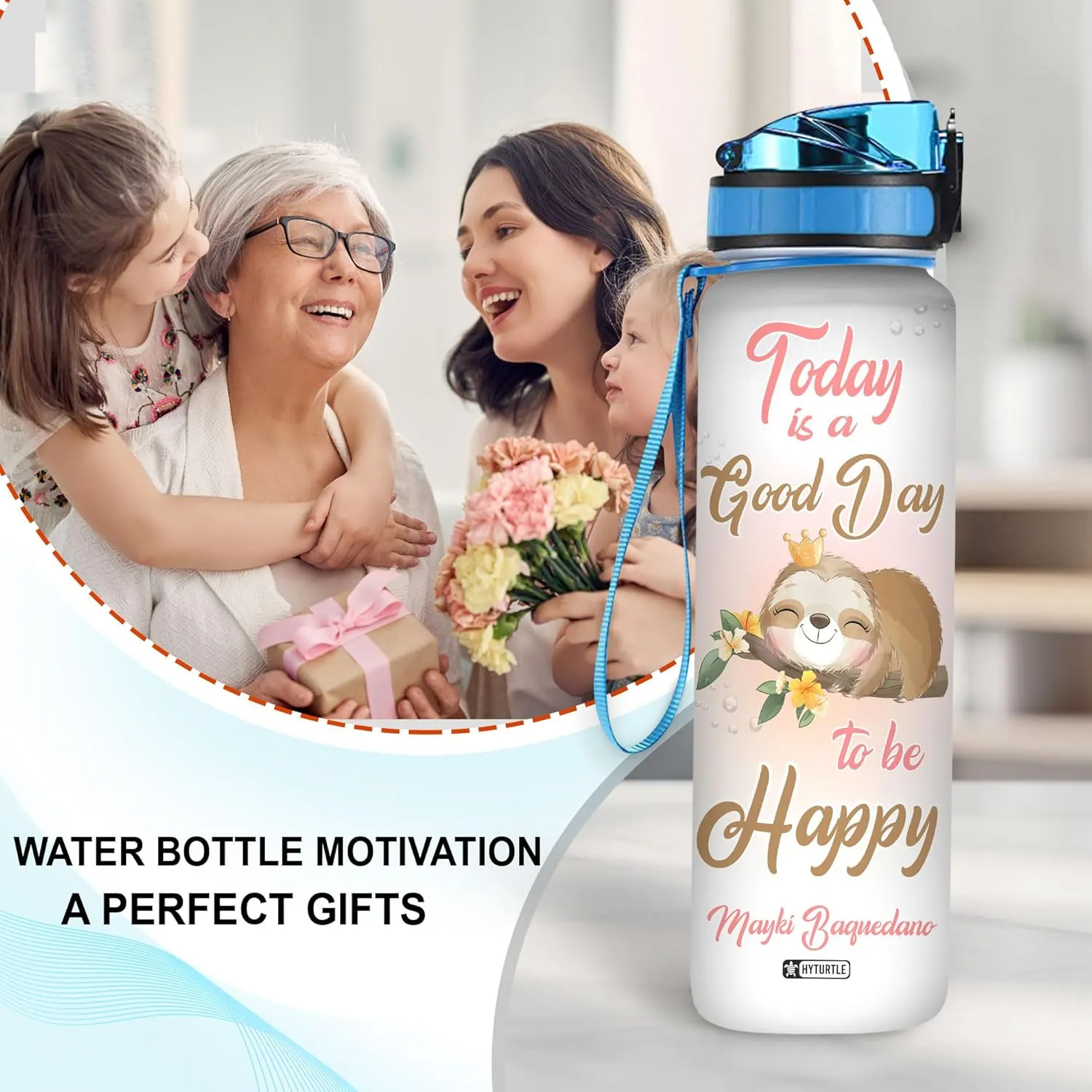 Hyturtle Personalized Today Is A Good Day Sloth 32oz Liter Motivational Water Bottle, Customized Name Tracking Water Bottle Gifts For Women, Friend, Girl, Sloth Lover On Birthday, Mother's Day