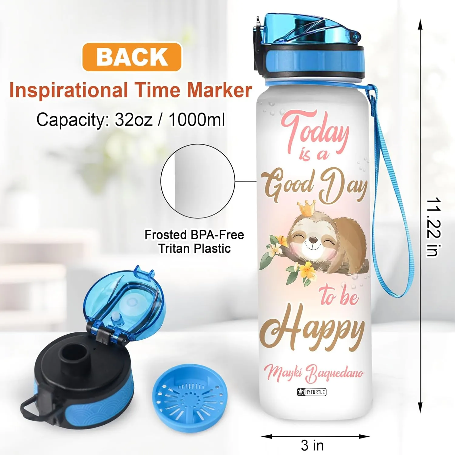 Hyturtle Personalized Today Is A Good Day Sloth 32oz Liter Motivational Water Bottle, Customized Name Tracking Water Bottle Gifts For Women, Friend, Girl, Sloth Lover On Birthday, Mother's Day
