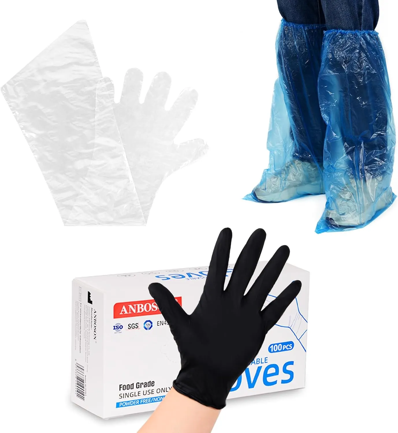 Ideagle 150 Pairs Field Dressing Gloves with Long Short Mitten and Shoe Cover, 3 in 1 Sets Hunting Deer Gutting Gloves, Black Nitrile Disposable Glove, Veterinary Full Arm Gloves