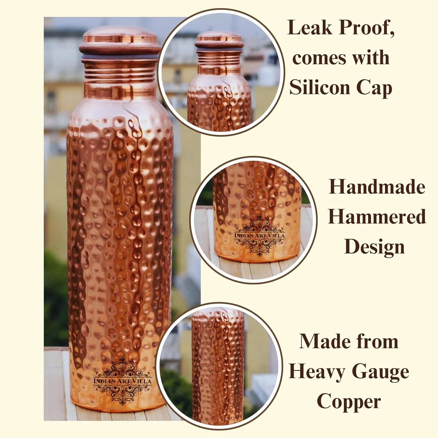 Indian Art Villa Pure Copper Hammered Finish Bottle, Stoarage & Drinkware, Volume-20 Oz
