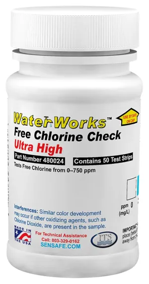 Industrial Test Systems WaterWorks 480024 Free Chlorine Test Strip, Ultra High Range, 31 Seconds Test Time, 0-750ppm Range (Bottle of 50)