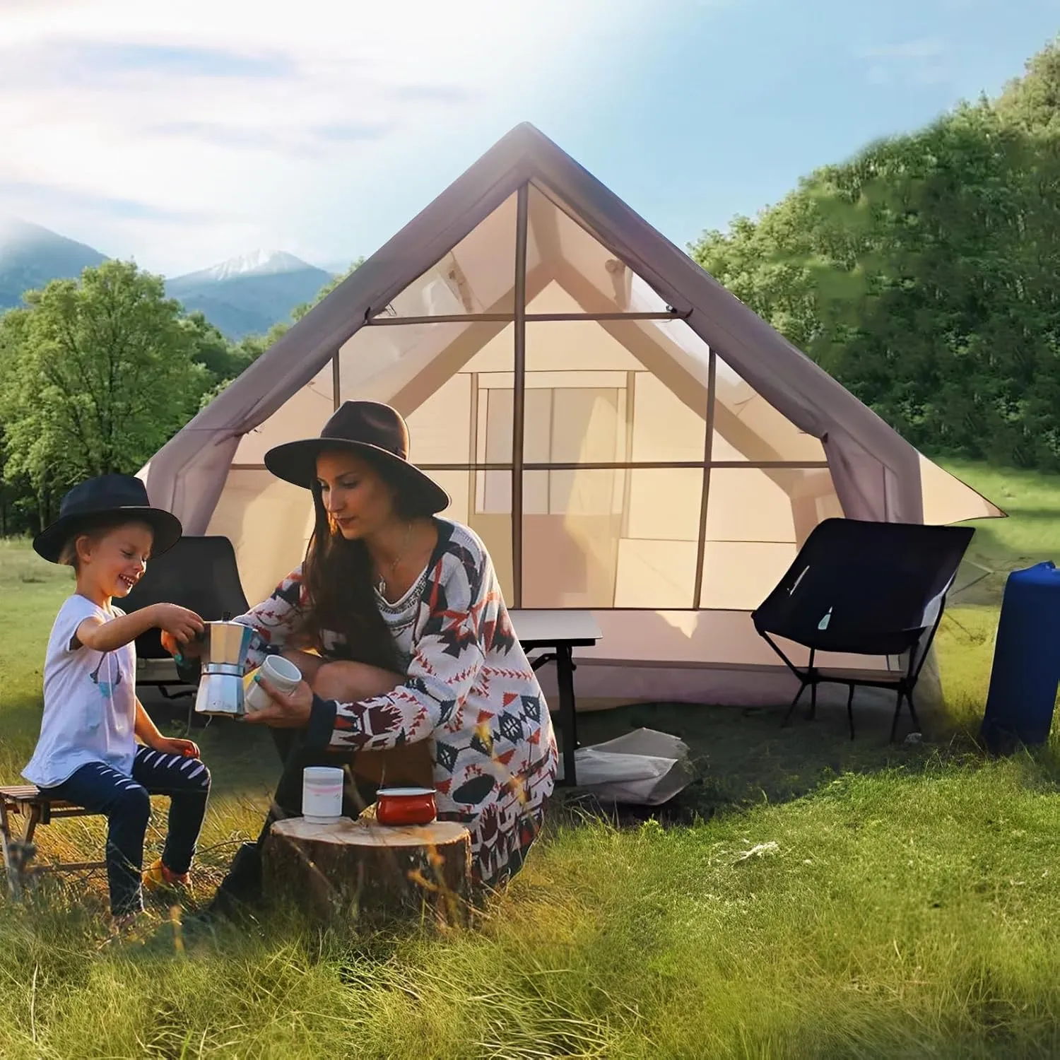 Inflatable Camping Tent with Pump,Easy Setup 4 Season Glamping Tent with High Performance Inflatable 4-6 Person Instant Glamping Tents HouseStructure for Outdoor Adult,Fast Arrival Beige 300