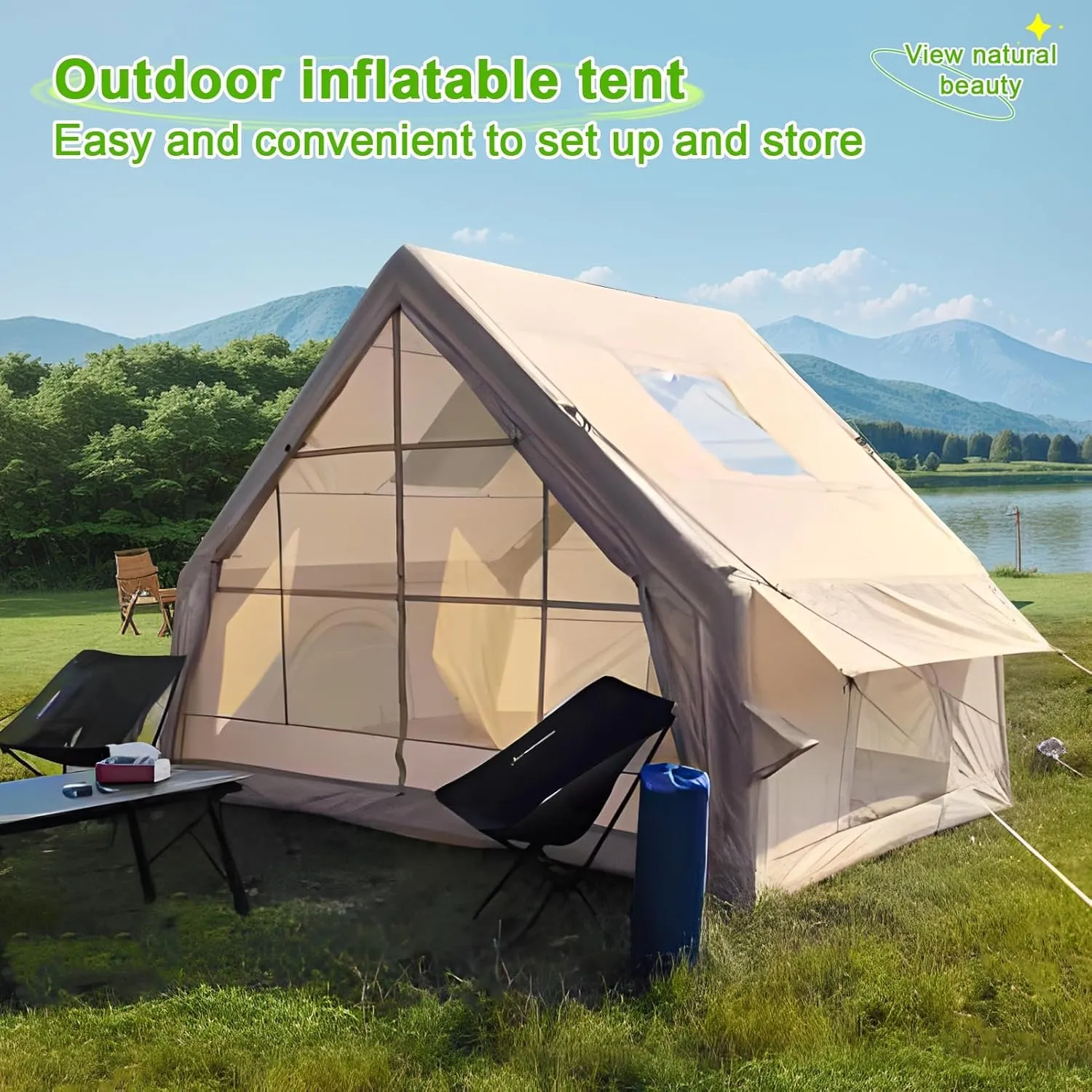 Inflatable Camping Tent with Pump,Easy Setup 4 Season Glamping Tent with High Performance Inflatable 4-6 Person Instant Glamping Tents HouseStructure for Outdoor Adult,Fast Arrival Beige 300