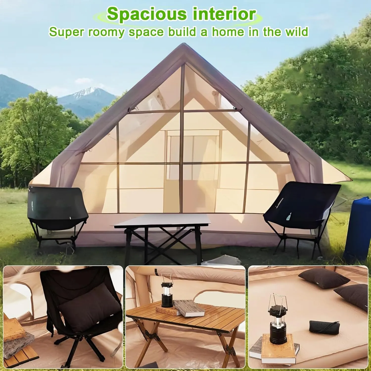 Inflatable Camping Tent with Pump,Easy Setup 4 Season Glamping Tent with High Performance Inflatable 4-6 Person Instant Glamping Tents HouseStructure for Outdoor Adult,Fast Arrival Beige 300