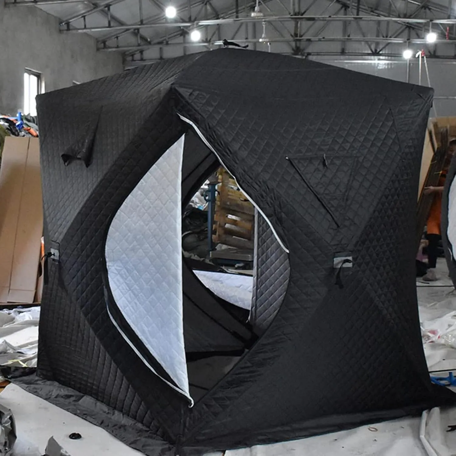 Inflatable Camping Tents with Hand Pump, 6.3㎡Air Tents with Canopy, Easy Setup Blow Up Tent, 4 Seasons Cotton Cabin Tent with Mesh & Chimney Window