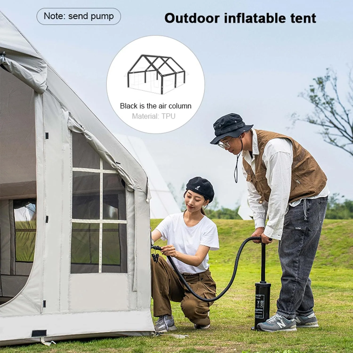 Inflatable Tent with Pump, 6-8 Person Camping Blow Up Tent with Stove Jack, 4 Season Waterproof Windproof Large Air Tent, Outdoor Family Inflatable Tent House