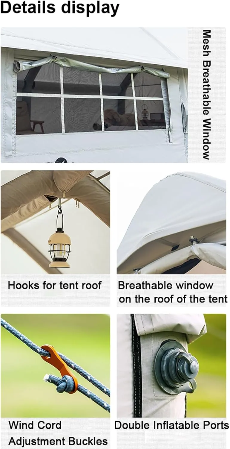 Inflatable Tent with Pump, 6-8 Person Camping Blow Up Tent with Stove Jack, 4 Season Waterproof Windproof Large Air Tent, Outdoor Family Inflatable Tent House