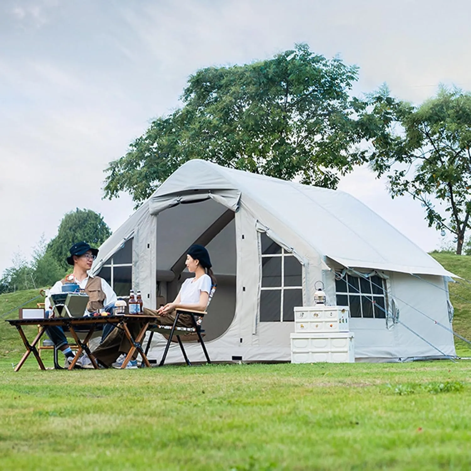 Inflatable Tent with Pump, 6-8 Person Camping Blow Up Tent with Stove Jack, 4 Season Waterproof Windproof Large Air Tent, Outdoor Family Inflatable Tent House