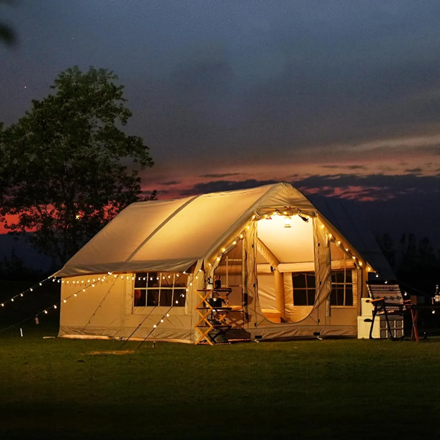 Inflatable Tent with Pump, 6-8 Person Camping Blow Up Tent with Stove Jack, 4 Season Waterproof Windproof Large Air Tent, Outdoor Family Inflatable Tent House