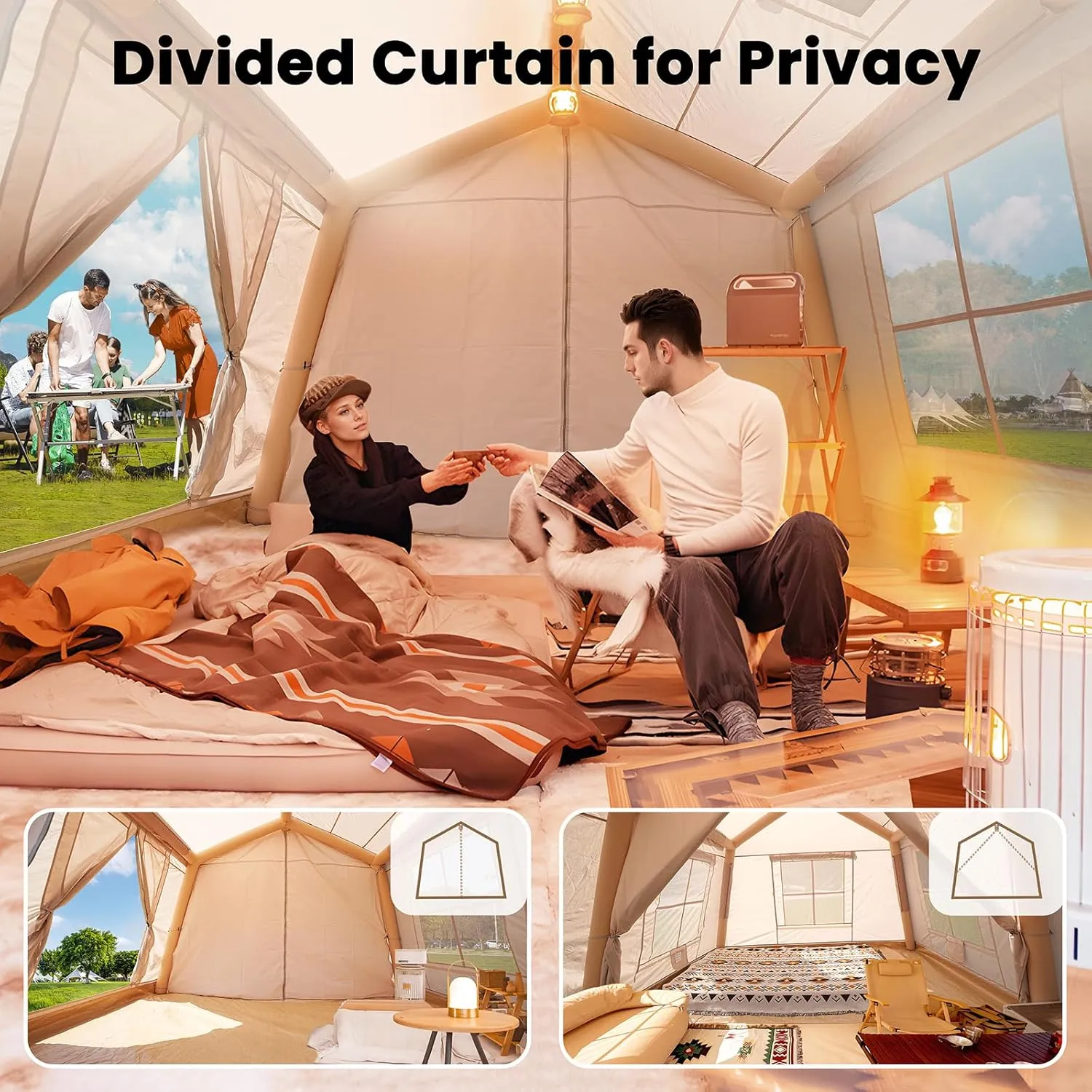 Inflatable Tents for Camping, Blow Up Tent with Hand Pump, Easy Setup Inflatable Hot Tent with Stove Jack, Waterproof Oxford Air Glamping Tents for Camping Adult 4-6 Person