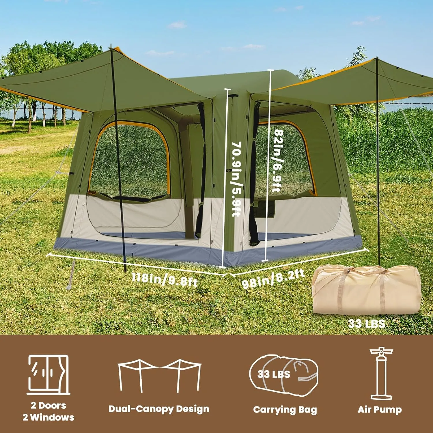 Inflatable Tents for Camping, Blow Up Tent with Hand Pump, Easy Setup Inflatable Hot Tent with Stove Jack, Waterproof Oxford Air Glamping Tents for Camping Adult 4-6 Person