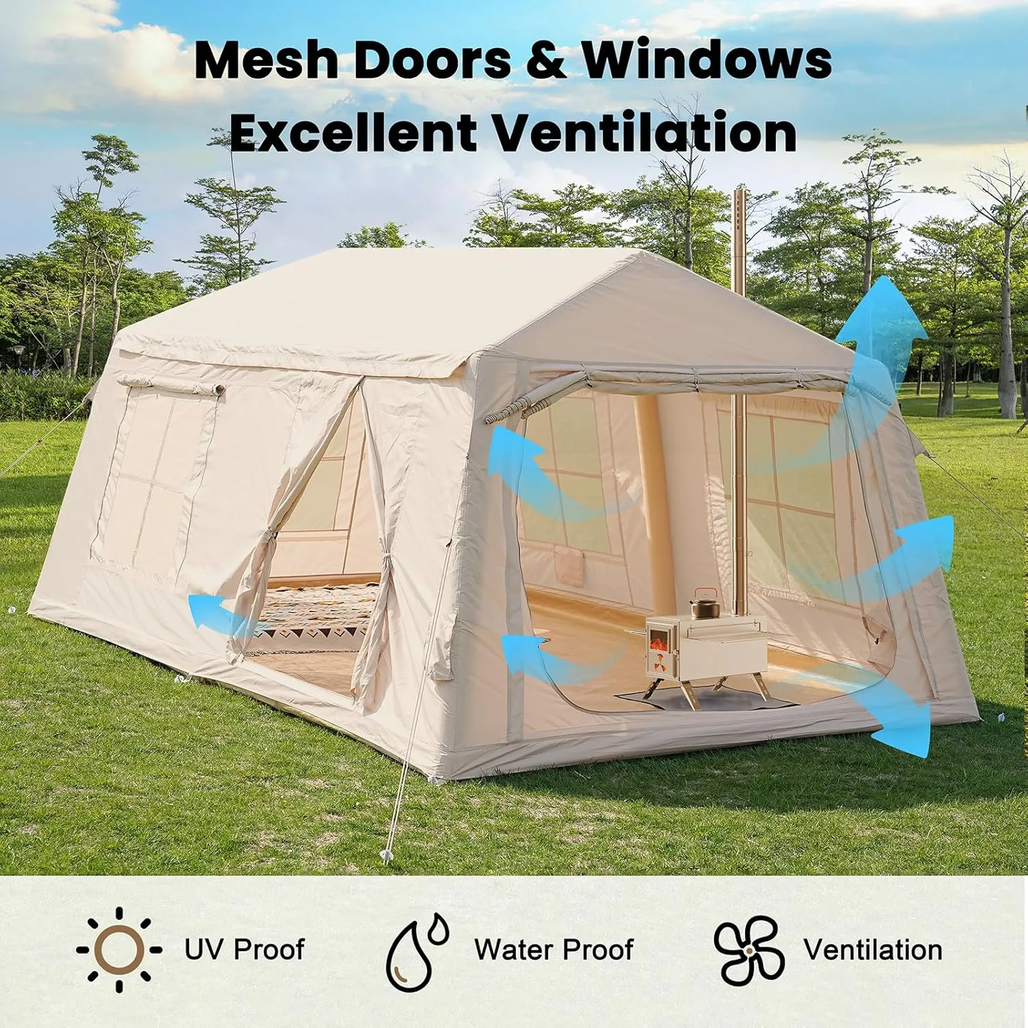 Inflatable Tents for Camping, Blow Up Tent with Hand Pump, Easy Setup Inflatable Hot Tent with Stove Jack, Waterproof Oxford Air Glamping Tents for Camping Adult 4-6 Person