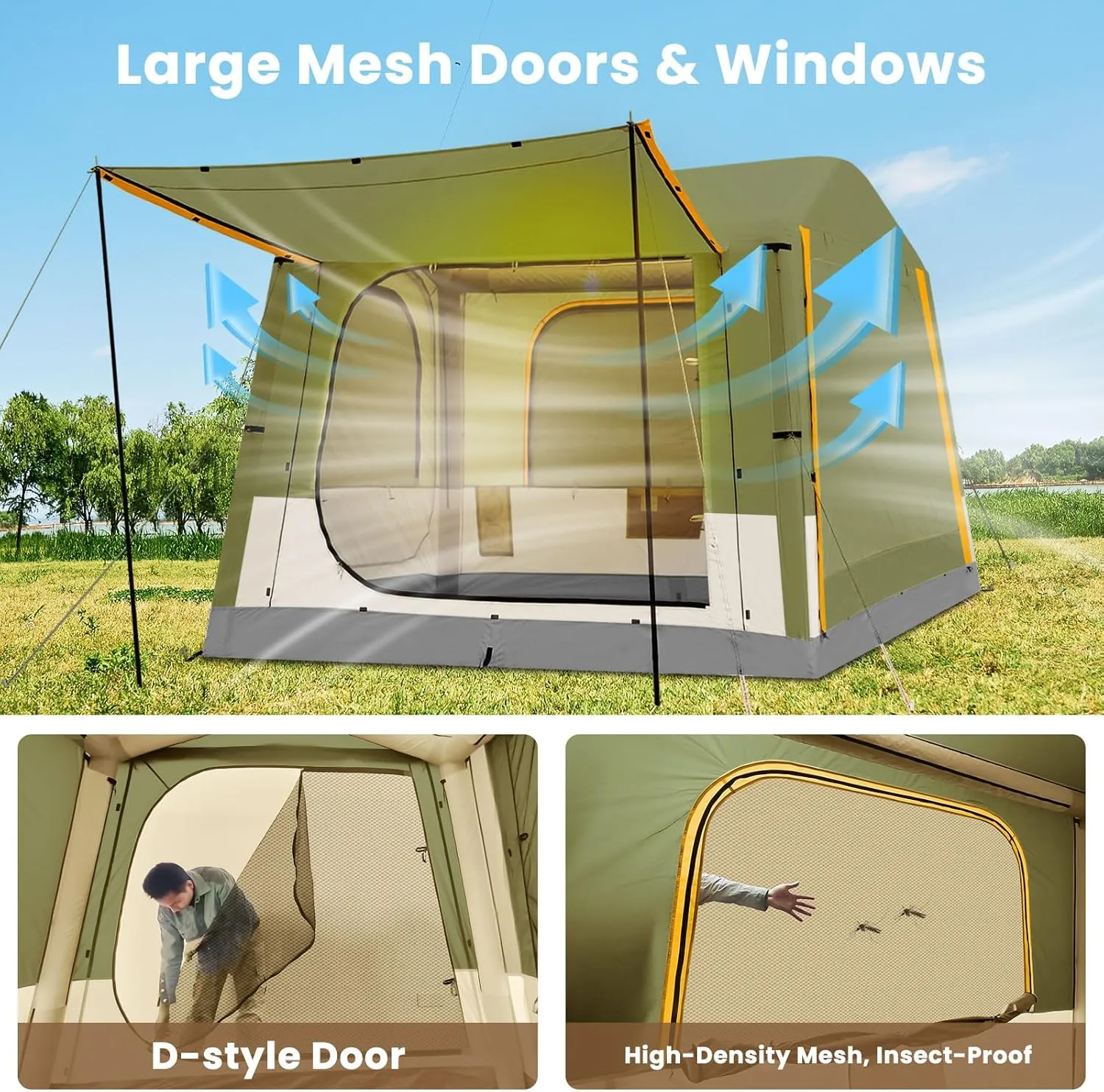Inflatable Tents for Camping, Blow Up Tent with Hand Pump, Easy Setup Inflatable Hot Tent with Stove Jack, Waterproof Oxford Air Glamping Tents for Camping Adult 4-6 Person