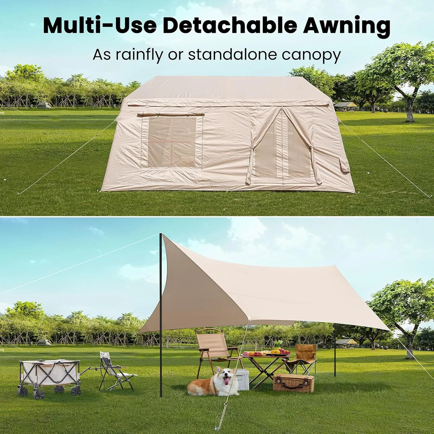 Inflatable Tents for Camping, Blow Up Tent with Hand Pump, Easy Setup Inflatable Hot Tent with Stove Jack, Waterproof Oxford Air Glamping Tents for Camping Adult 4-6 Person