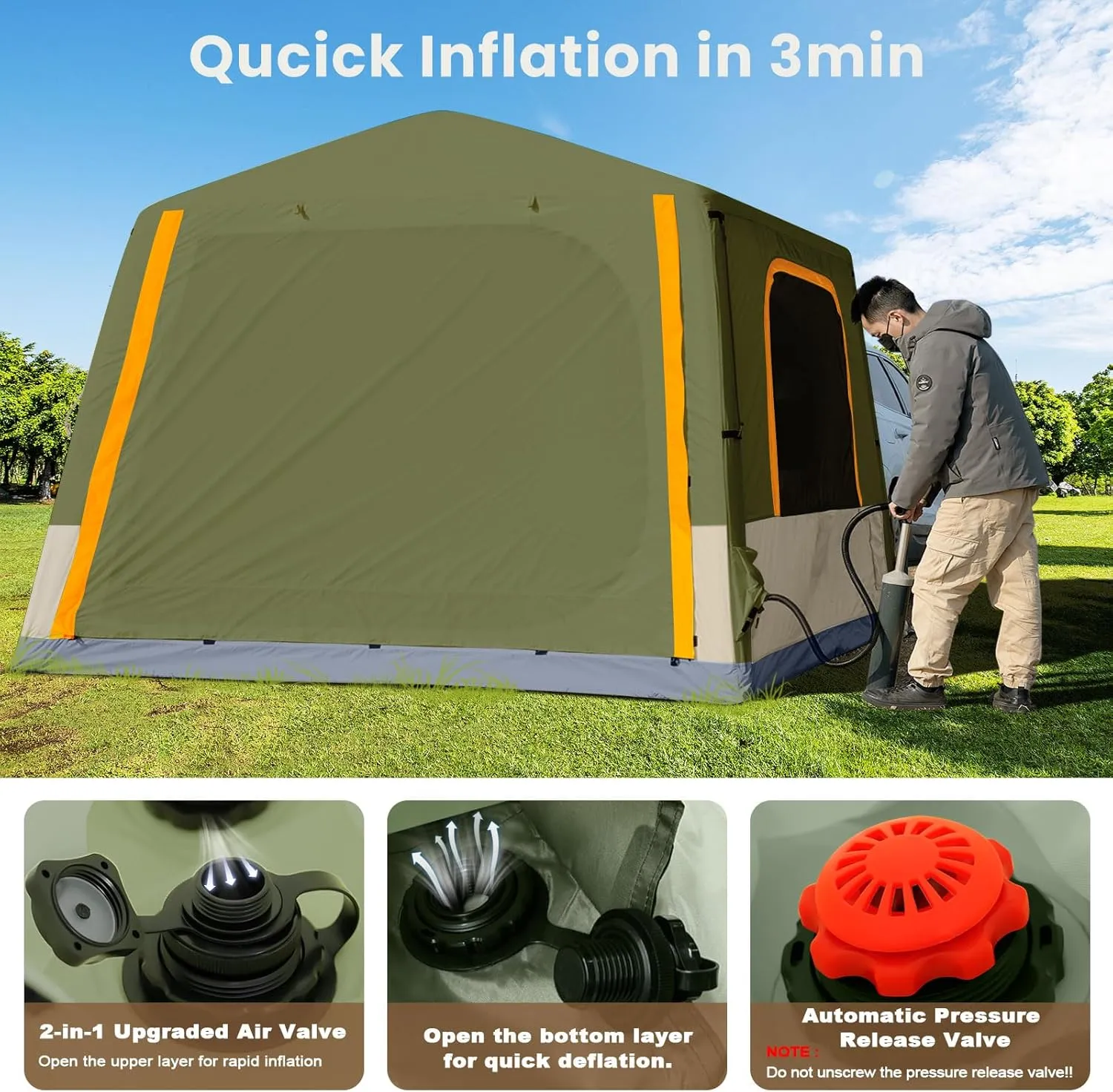 Inflatable Tents for Camping, Blow Up Tent with Hand Pump, Easy Setup Inflatable Hot Tent with Stove Jack, Waterproof Oxford Air Glamping Tents for Camping Adult 4-6 Person