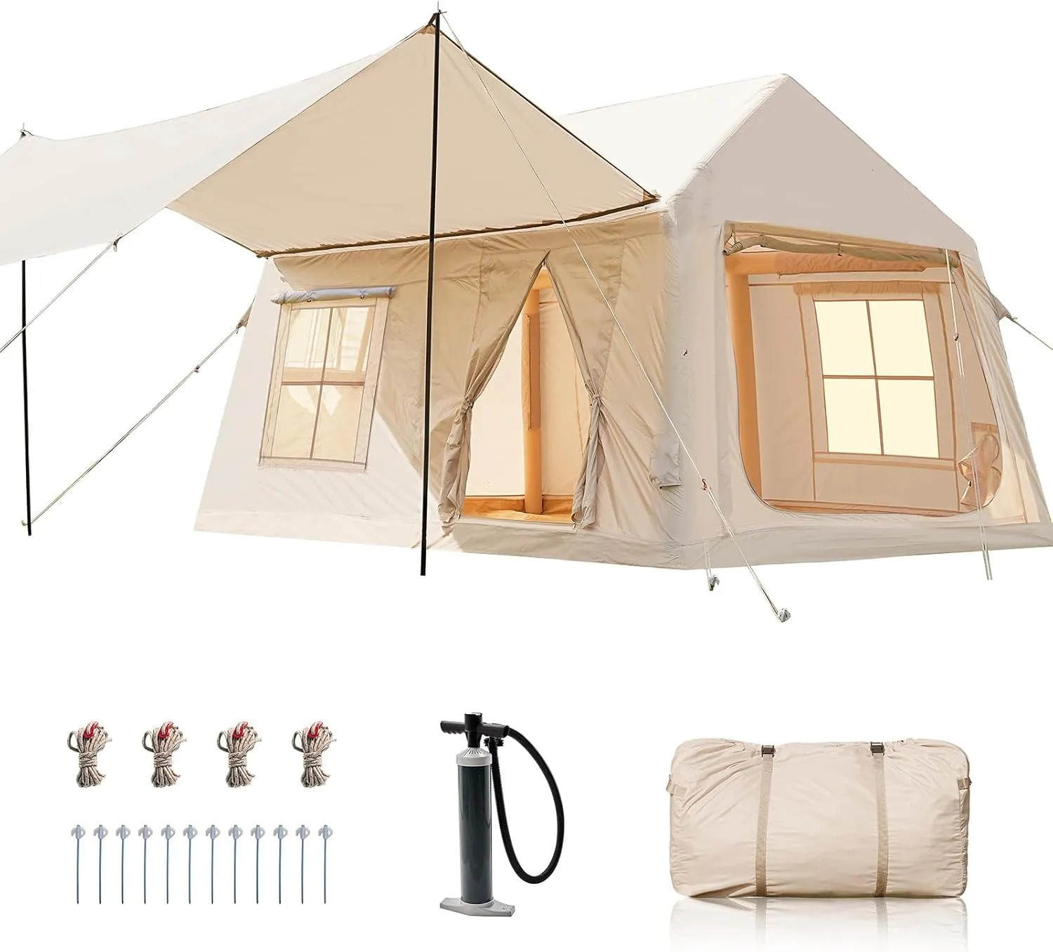 Inflatable Tents for Camping, Blow Up Tent with Hand Pump, Easy Setup Inflatable Hot Tent with Stove Jack, Waterproof Oxford Air Glamping Tents for Camping Adult 4-6 Person