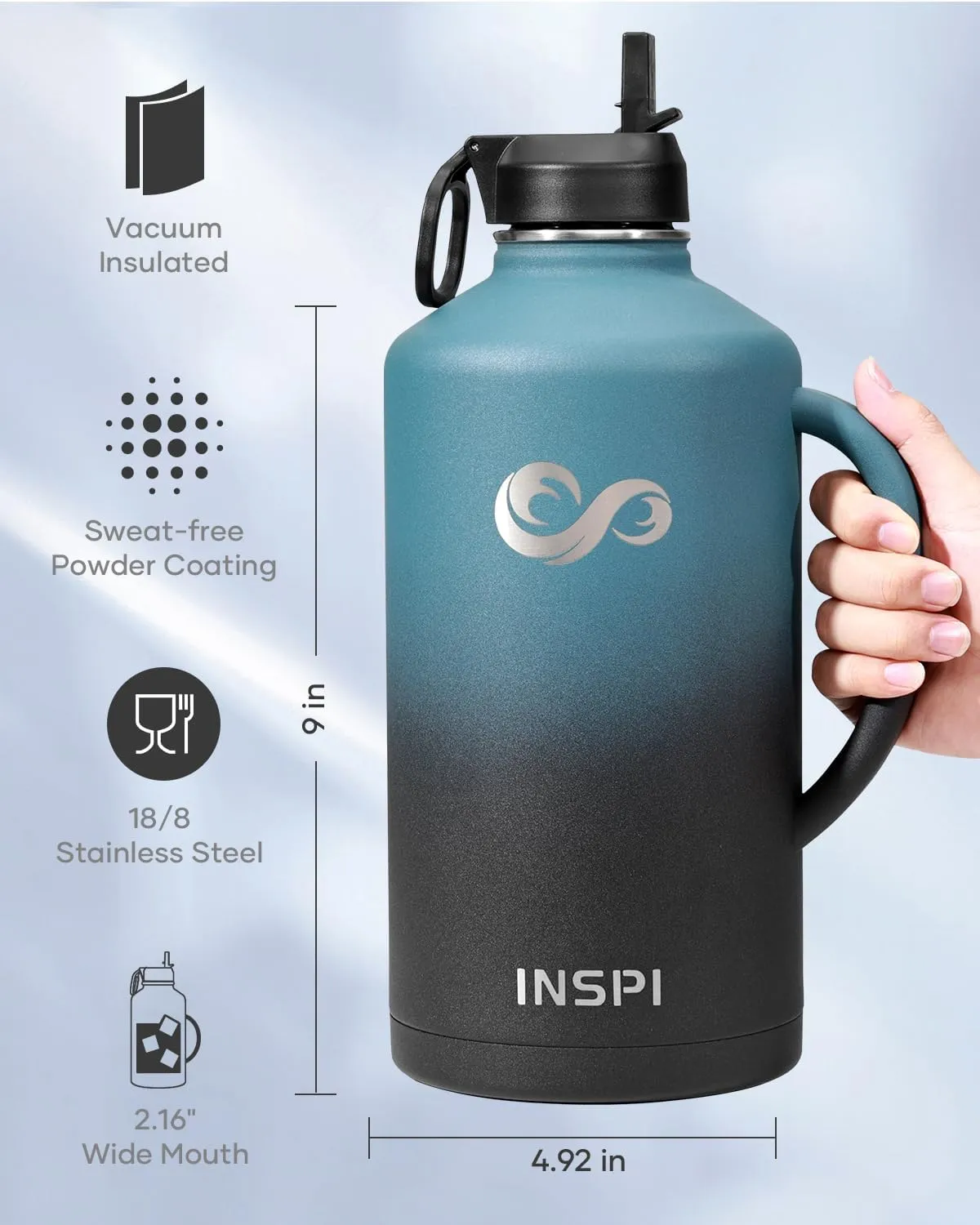 INSPI 128oz Gallon Insulated Water Bottle with Handle, Stainless Steel Metal Large Water Bottles with Straw Spout Lid, Wide Mouth Travel Flask Mug with Carry Pouch, Keep Cold Hot, BPA-Free
