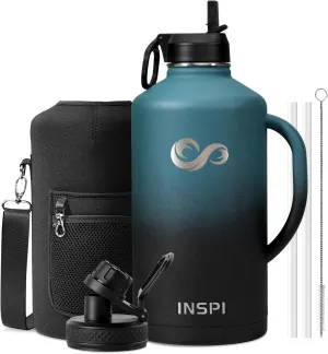 INSPI 128oz Gallon Insulated Water Bottle with Handle, Stainless Steel Metal Large Water Bottles with Straw Spout Lid, Wide Mouth Travel Flask Mug with Carry Pouch, Keep Cold Hot, BPA-Free