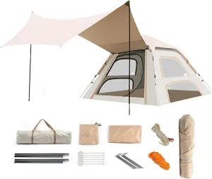 Instant Camping Tent with Canopy Tarp 4-6 Persons Outdoor Waterproof Pop Up Family Camping Tent 2 in 1 Automatic Portable Folding Cabin Tent with Porch