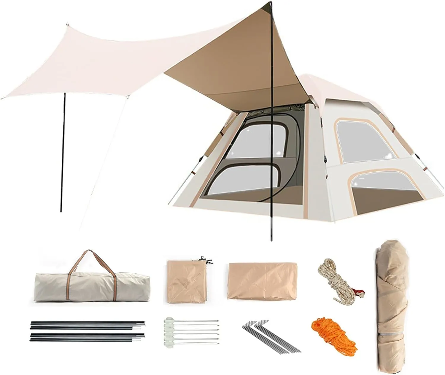 Instant Camping Tent with Canopy Tarp 4-6 Persons Outdoor Waterproof Pop Up Family Camping Tent 2 in 1 Automatic Portable Folding Cabin Tent with Porch