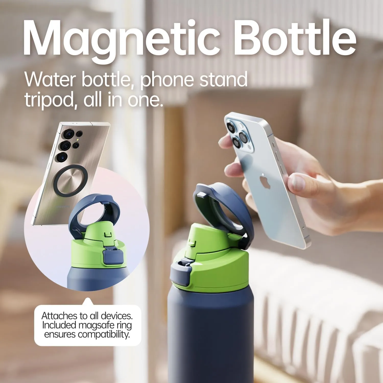 Insulated Magnetic Water Bottle - Reusable Stainless Steel Bottle with MagSafe Compatible Phone Holder -Keeps Cold for 24 Hours - Perfect for Gym, Sports, and Travel- Navy Blue 32oz