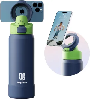Insulated Magnetic Water Bottle - Reusable Stainless Steel Bottle with MagSafe Compatible Phone Holder -Keeps Cold for 24 Hours - Perfect for Gym, Sports, and Travel- Navy Blue 32oz