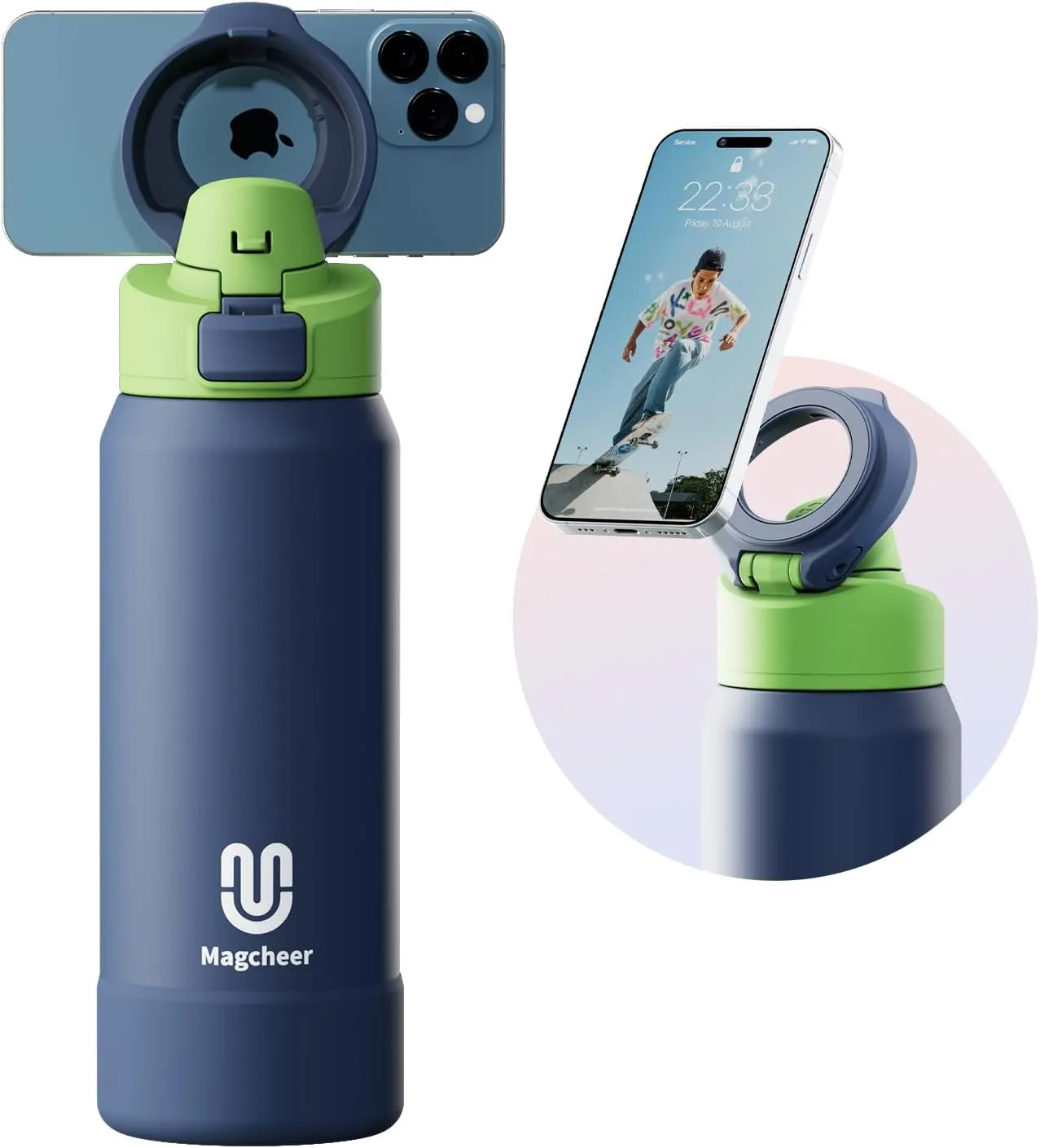 Insulated Magnetic Water Bottle - Reusable Stainless Steel Bottle with MagSafe Compatible Phone Holder -Keeps Cold for 24 Hours - Perfect for Gym, Sports, and Travel- Navy Blue 32oz