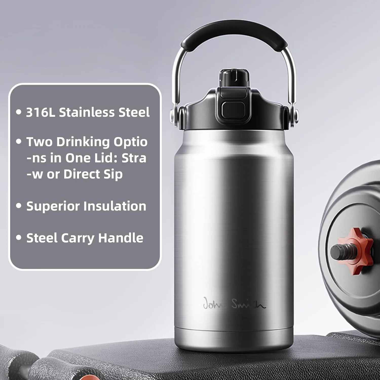 Insulated Sports Water Bottle, 50oz Large Stainless Steel Water Bottle Wide Mouth Vacuum Insulated Sports Water Leak-proof Bottle with Handle Straw Lid Perfect for Sports Travel (Silver)